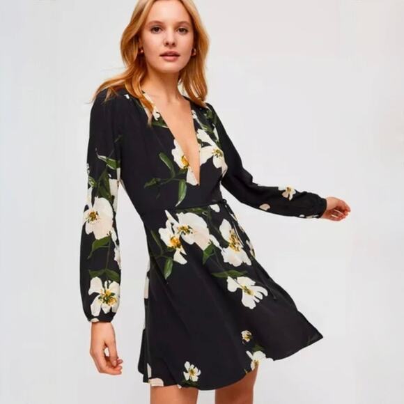Aritzia Wilfred Diane Wrap Dress - Black with White Floral Print - Size M - Picture 1 of 8